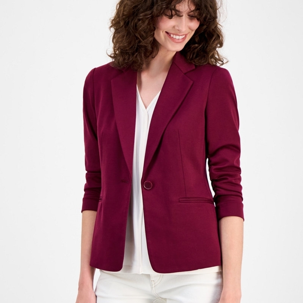 AK Anne Klein Burgundy Ruched Sleeve Blazer One Button Womens L